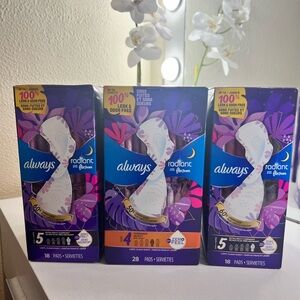 Always Radiant Pads with Purple and Orange Packaging